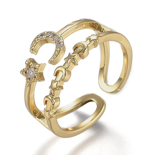 18K Double Stacking Moon and Stars Ring