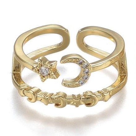 18K Double Stacking Moon and Stars Ring