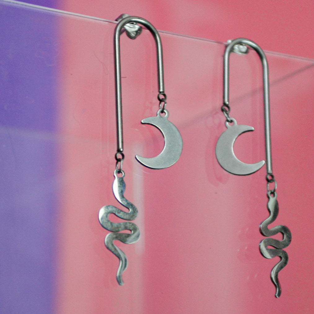 Arch Dangle Silver Snake and Moon Earrings