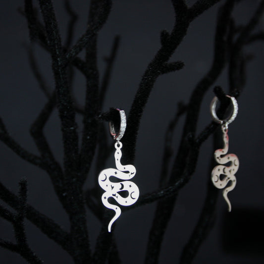 To the Moon Silver Snake Earrings